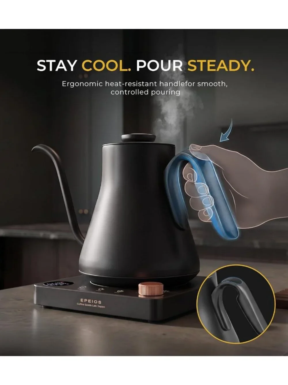 Gooseneck Electric Kettle with Temperature Control, 1200W, 0.9L - Matte Black